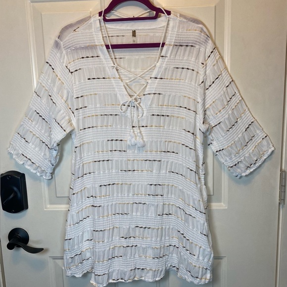 WAVE ZONE Beach Pool CoverUp White Lace-Up Tunic Top Sz L - Picture 1 of 12